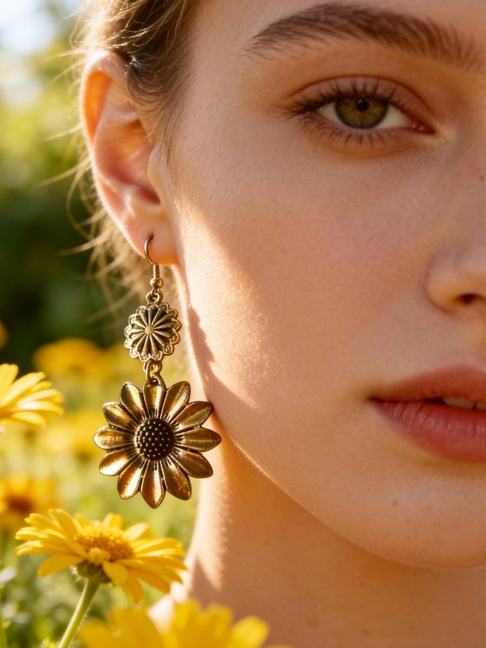 Gold Floral Daisy Drop Earrings for Women - Picture 3 of 4